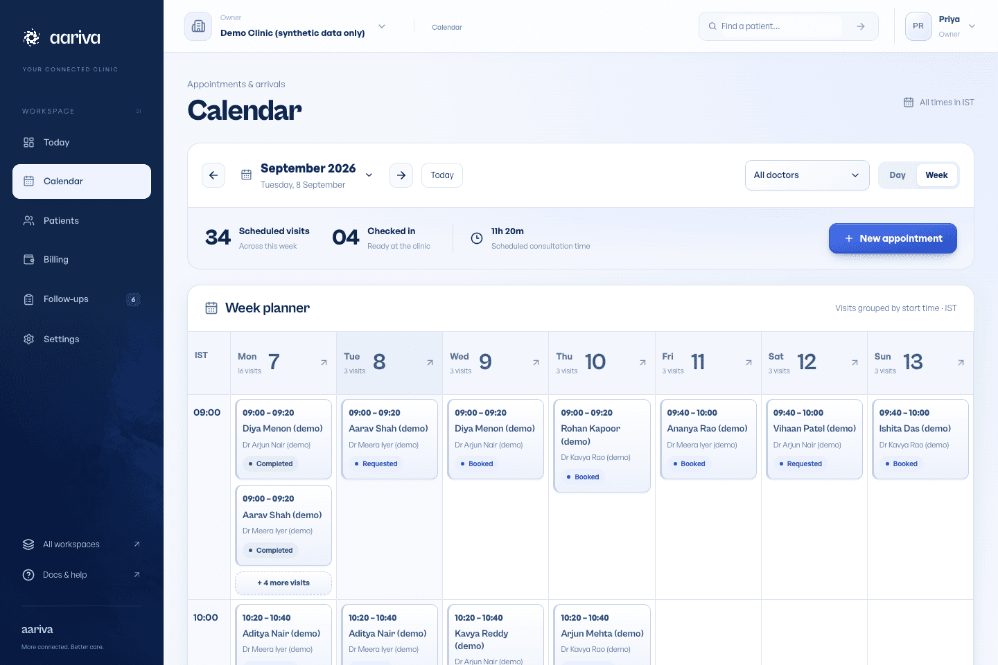 Calendar with a weekly schedule and selected appointment