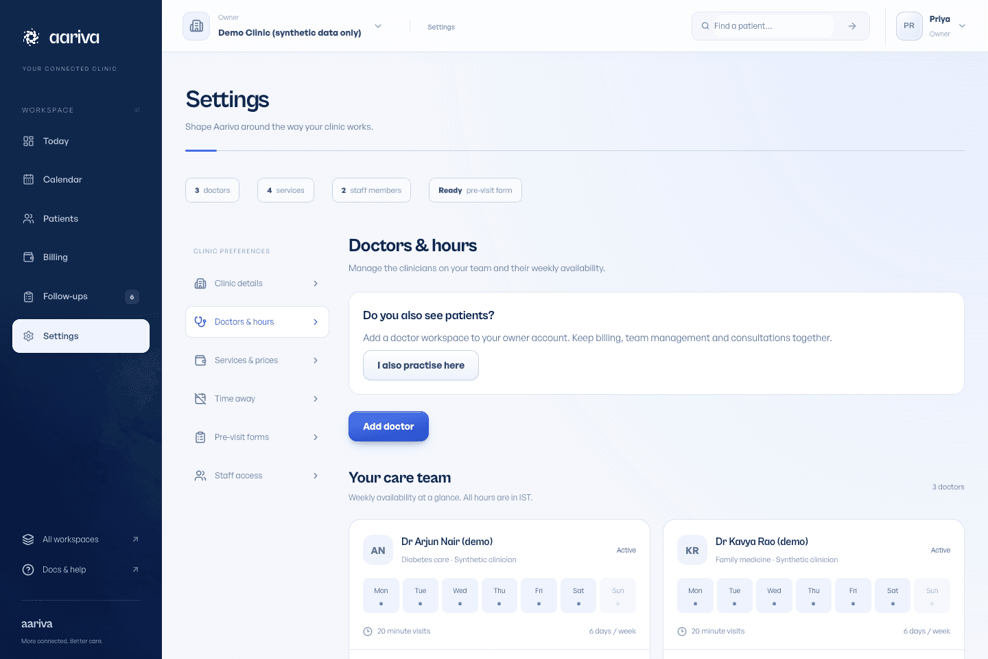 Doctor profiles with working hours and account controls