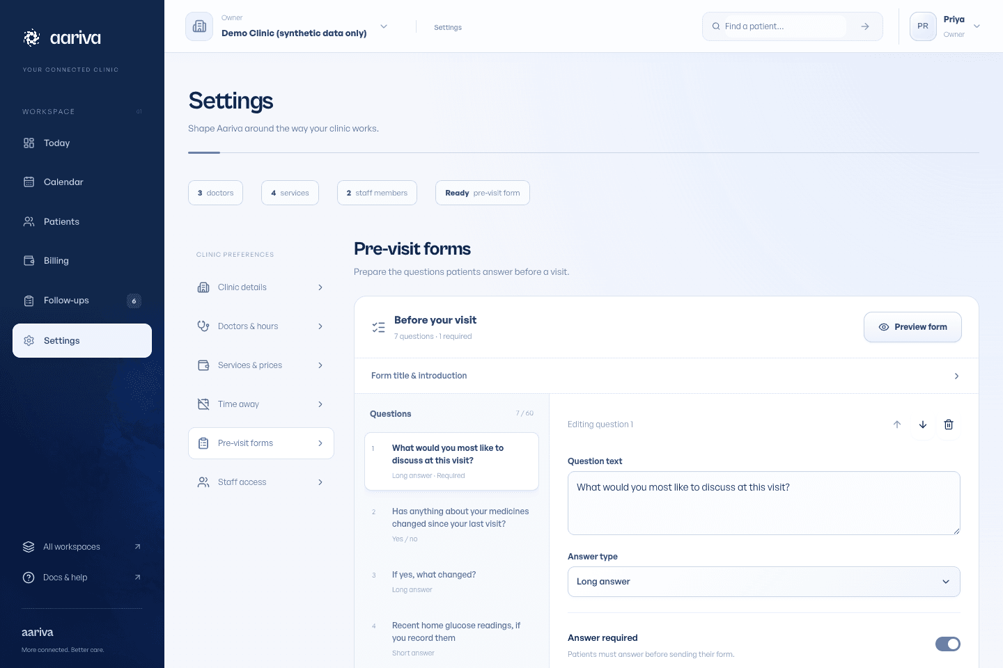 Pre-visit questionnaire editor and patient-facing preview