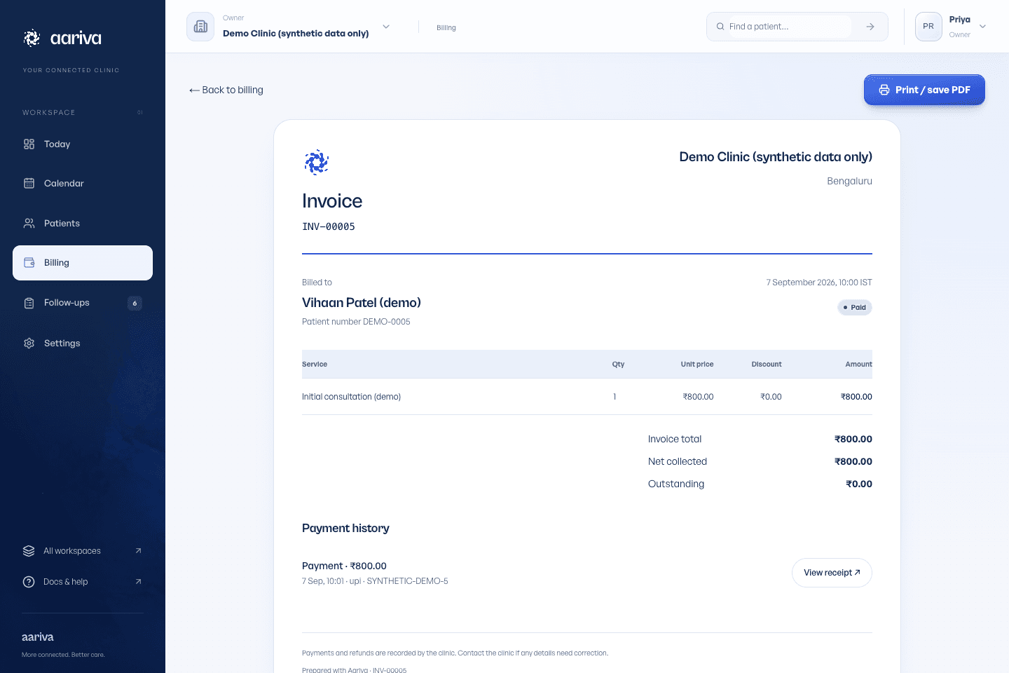 Printable invoice with clinic identity, charges and payment history