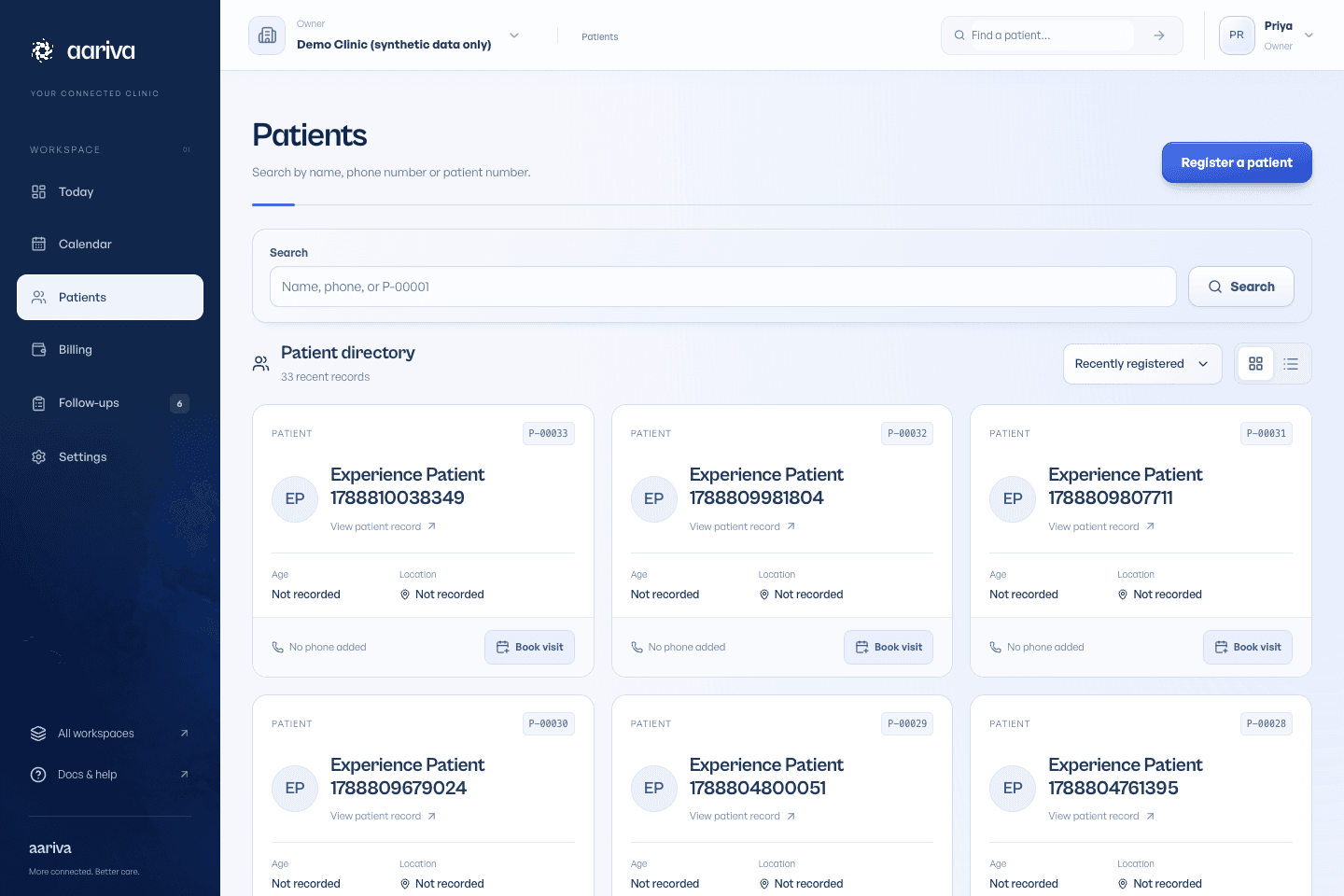 Patient directory with search, view controls and fictional patient records