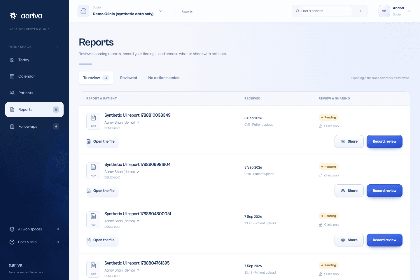 Report review inbox with patient details and review actions